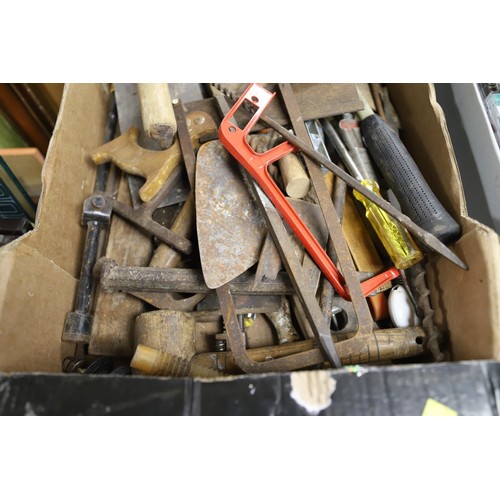 286 - Wooden tool box & contents, cardboard box & tools, incl wooden ruler