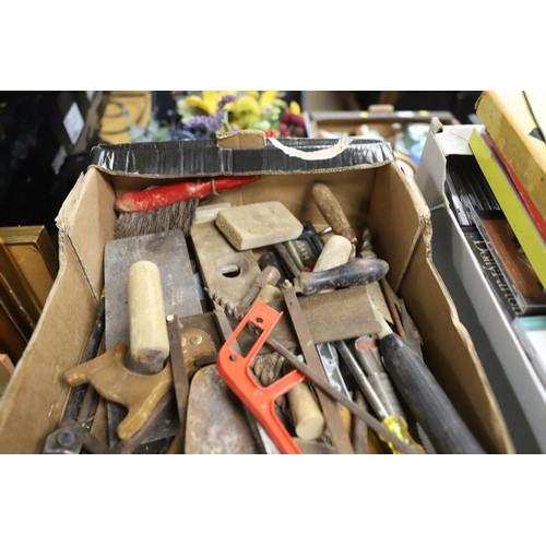 286 - Wooden tool box & contents, cardboard box & tools, incl wooden ruler