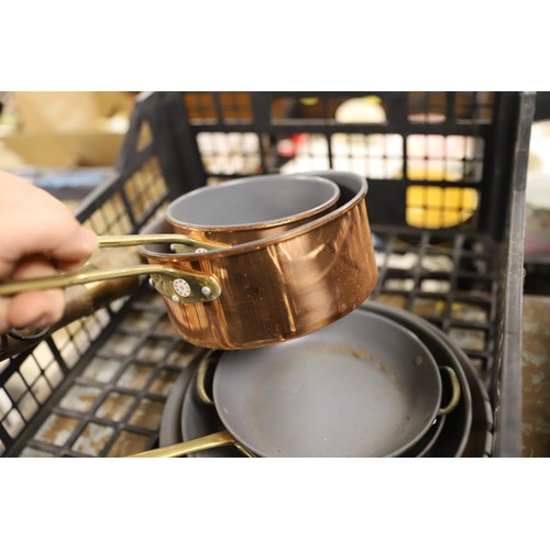 294 - Tray with copper pans, decorative musket