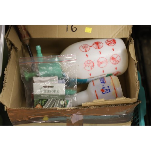 307 - Box of garden sprayers, sythe, etc