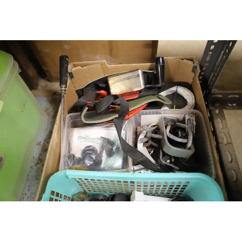 307 - Box of garden sprayers, sythe, etc