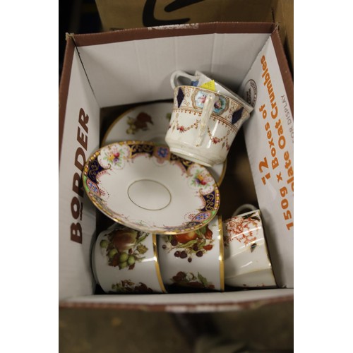 328 - Box of tea cups, 2 novelty tea pots & box of crockery