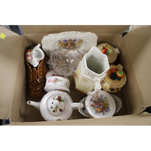 328 - Box of tea cups, 2 novelty tea pots & box of crockery