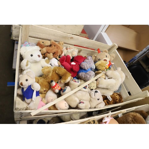 345 - 7 boxes of various soft toys & dolls