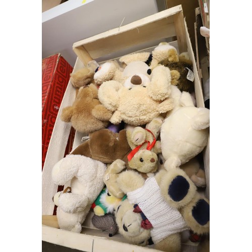 345 - 7 boxes of various soft toys & dolls