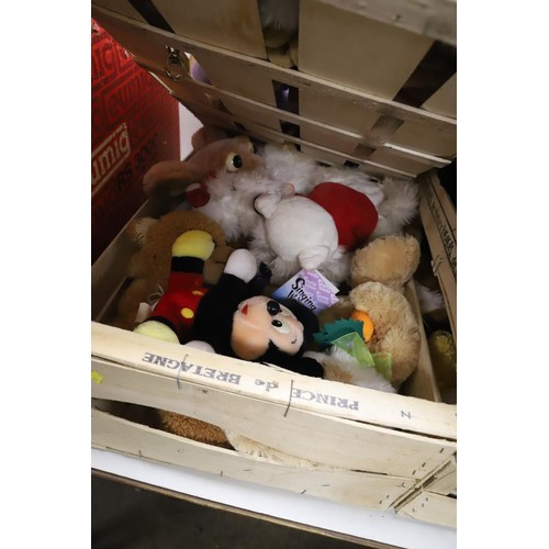 345 - 7 boxes of various soft toys & dolls