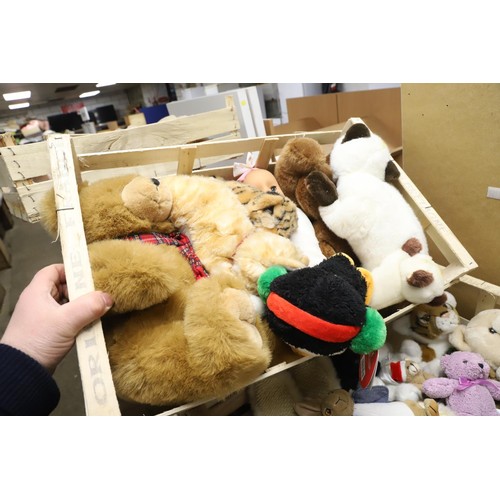 345 - 7 boxes of various soft toys & dolls