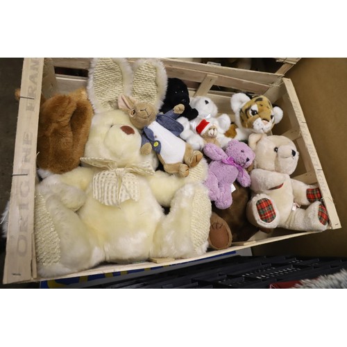 345 - 7 boxes of various soft toys & dolls