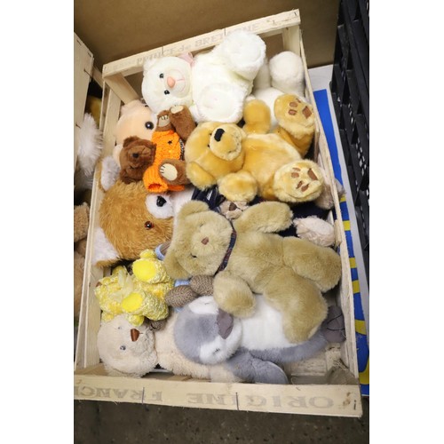 345 - 7 boxes of various soft toys & dolls