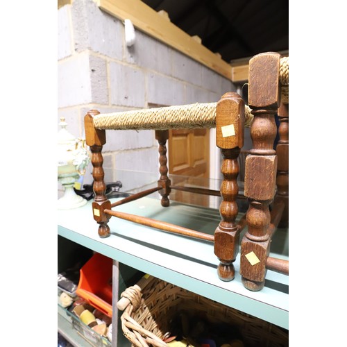 417 - 2 vintage stools with turned legs & woven seats