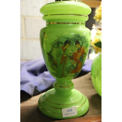 418 - Green glass oil lamp