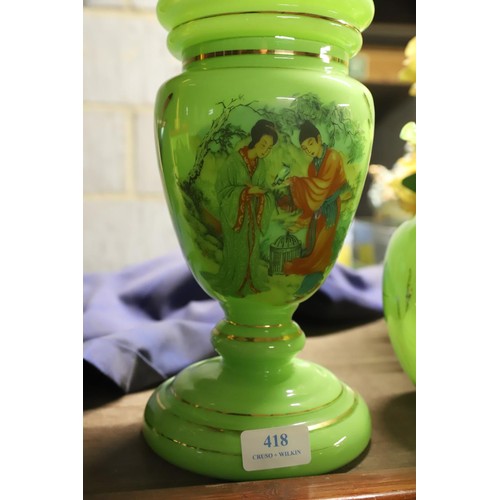 418 - Green glass oil lamp