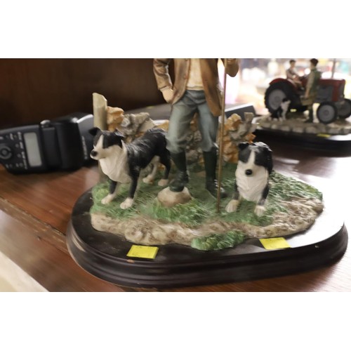 447 - Leonardo collection figurine shepherd with border collies & pups