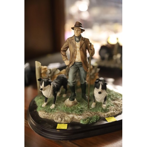 447 - Leonardo collection figurine shepherd with border collies & pups