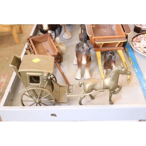 506 - Various china shire horses, incl Beswick with carts & caravan (chips to ears)