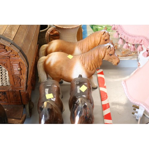 506 - Various china shire horses, incl Beswick with carts & caravan (chips to ears)