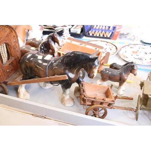 506 - Various china shire horses, incl Beswick with carts & caravan (chips to ears)