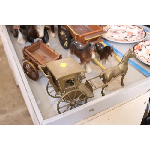 506 - Various china shire horses, incl Beswick with carts & caravan (chips to ears)