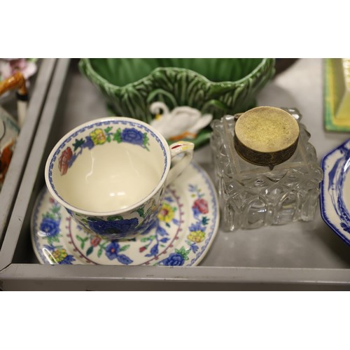 536 - Green tray of china ornaments with a Sylvac pot, etc