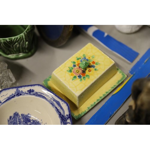 536 - Green tray of china ornaments with a Sylvac pot, etc