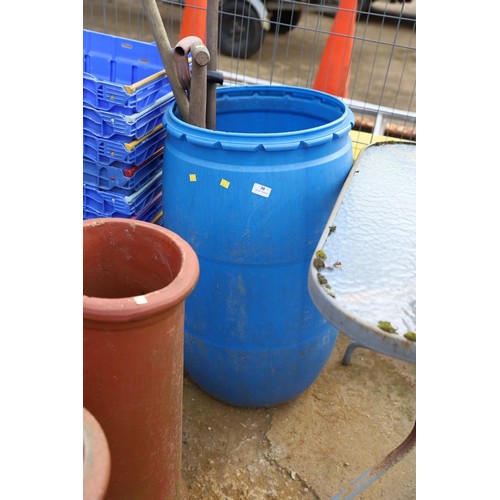 30 - Blue water container/butt with various garden tools