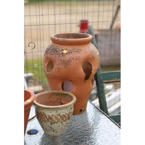 31 - Garden glass top table, metal pot stand, terracotta strawberry pot & others