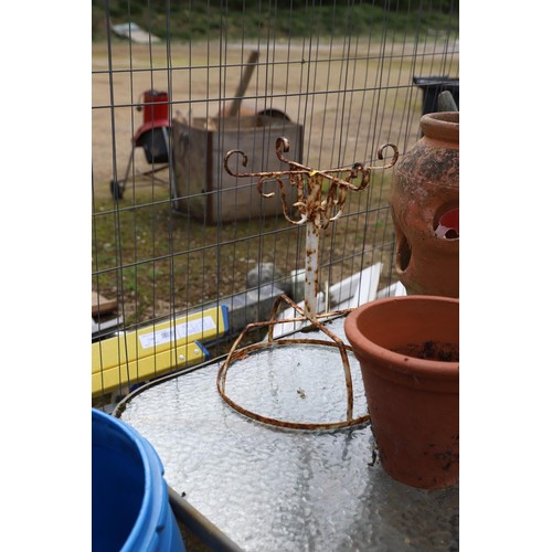 31 - Garden glass top table, metal pot stand, terracotta strawberry pot & others