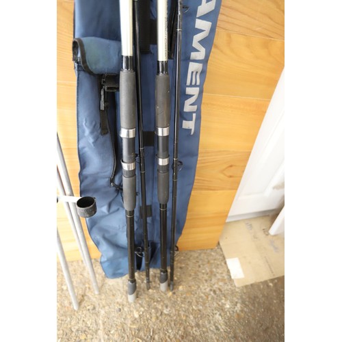 119 - 2 x fishing rods & rest & bag