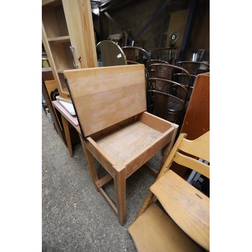 212 - Small pine display cabinet & 1960's school desk