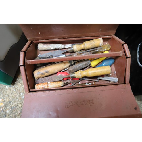 216 - Qty of garage/shed misc, incl tool box with contents, saws, etc