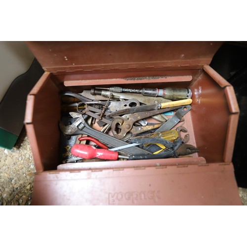 216 - Qty of garage/shed misc, incl tool box with contents, saws, etc