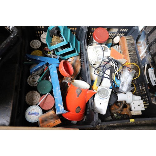 216 - Qty of garage/shed misc, incl tool box with contents, saws, etc