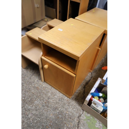 224 - Pair of oak bedside cupboards, CD cabinet & pair of desk risers