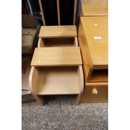 224 - Pair of oak bedside cupboards, CD cabinet & pair of desk risers