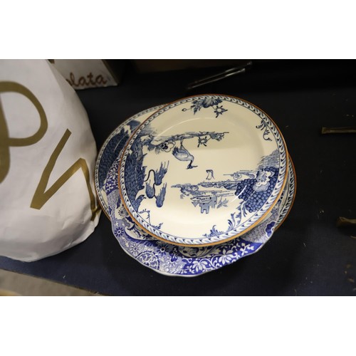 254 - White tea set, cake plate, blue & white plates, etc