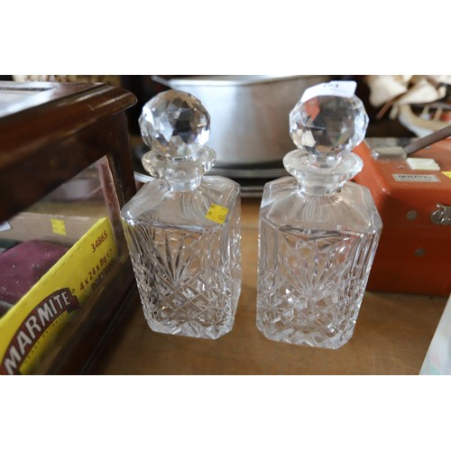 394 - 2 whiskey decanters, glass bowl & 2 whiskey glasses