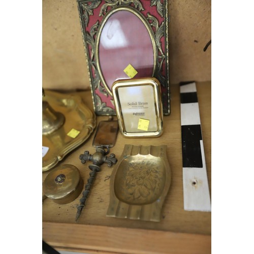 452 - Brass tray with frame, corkscrew, bells, etc