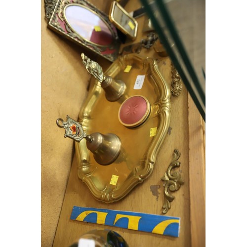 452 - Brass tray with frame, corkscrew, bells, etc