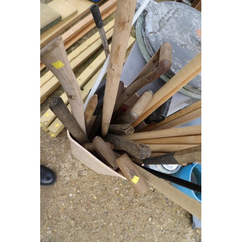 72 - Plastic bin of various wooden handles