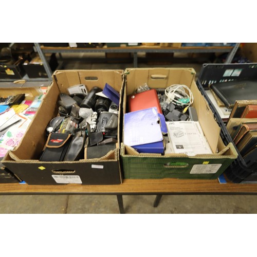 290 - 2 boxes of cameras, etc, incl 3 video cameras, large qty of lenses, etc