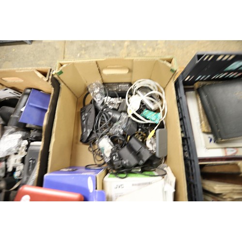 290 - 2 boxes of cameras, etc, incl 3 video cameras, large qty of lenses, etc