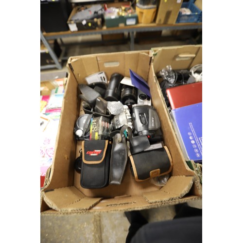 290 - 2 boxes of cameras, etc, incl 3 video cameras, large qty of lenses, etc