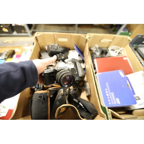 290 - 2 boxes of cameras, etc, incl 3 video cameras, large qty of lenses, etc