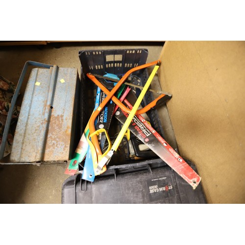 376 - Qty of saws & metal tool boxes, & contents