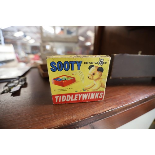 468 - Small table vintage games - Sooty tiddly winks, Pepy's card games, jacks, early Happy families & Dis... 