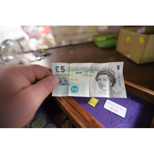 475 - Carved wooden box silver old coins, old £5 note, collectable 50p's, etc