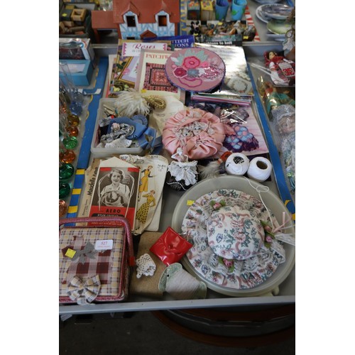 527 - Sewing & craft items, incl Victorian pin cushion lady, books, etc