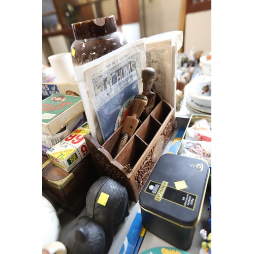 573 - Qty of collectables, boxes,clock, buttons, vases, etc (some a/f)