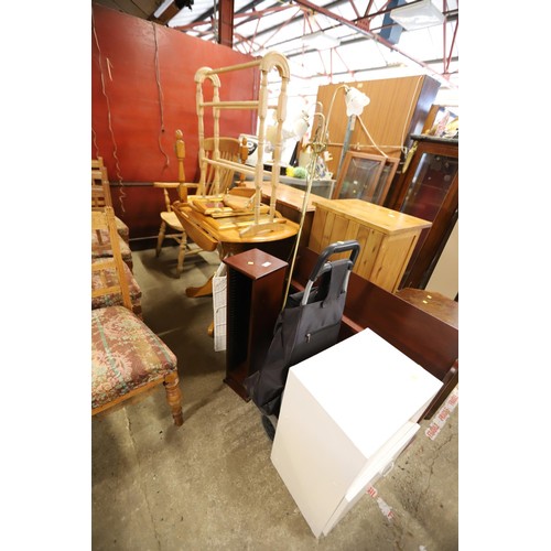 696 - misc furniture inc tables/towel rail/trolley/cd tower/chest/laundry bin/lamp etc