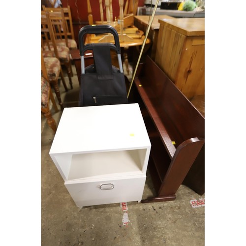 696 - misc furniture inc tables/towel rail/trolley/cd tower/chest/laundry bin/lamp etc